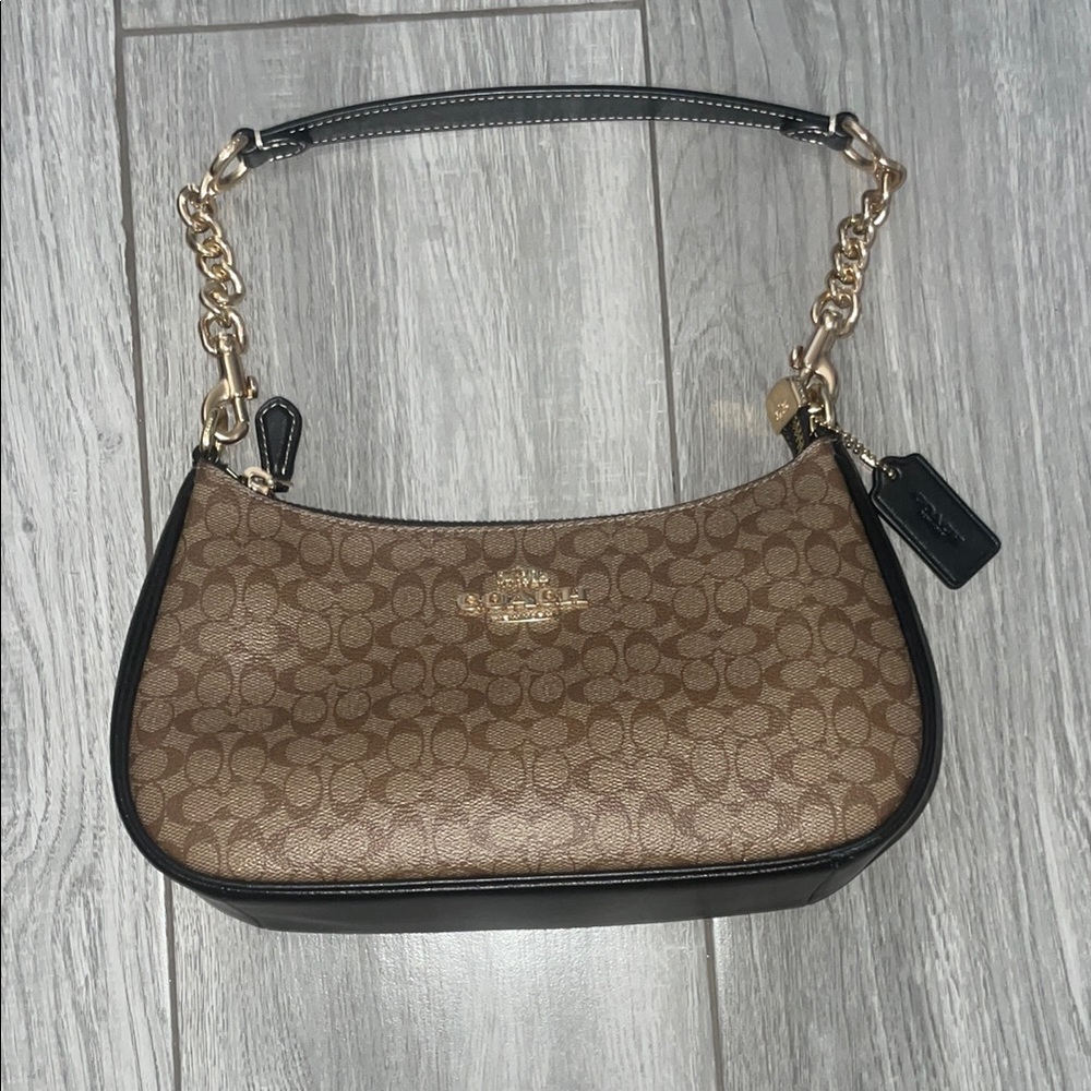 Coach Brown and Black Shoulder Bag with Gold Chain